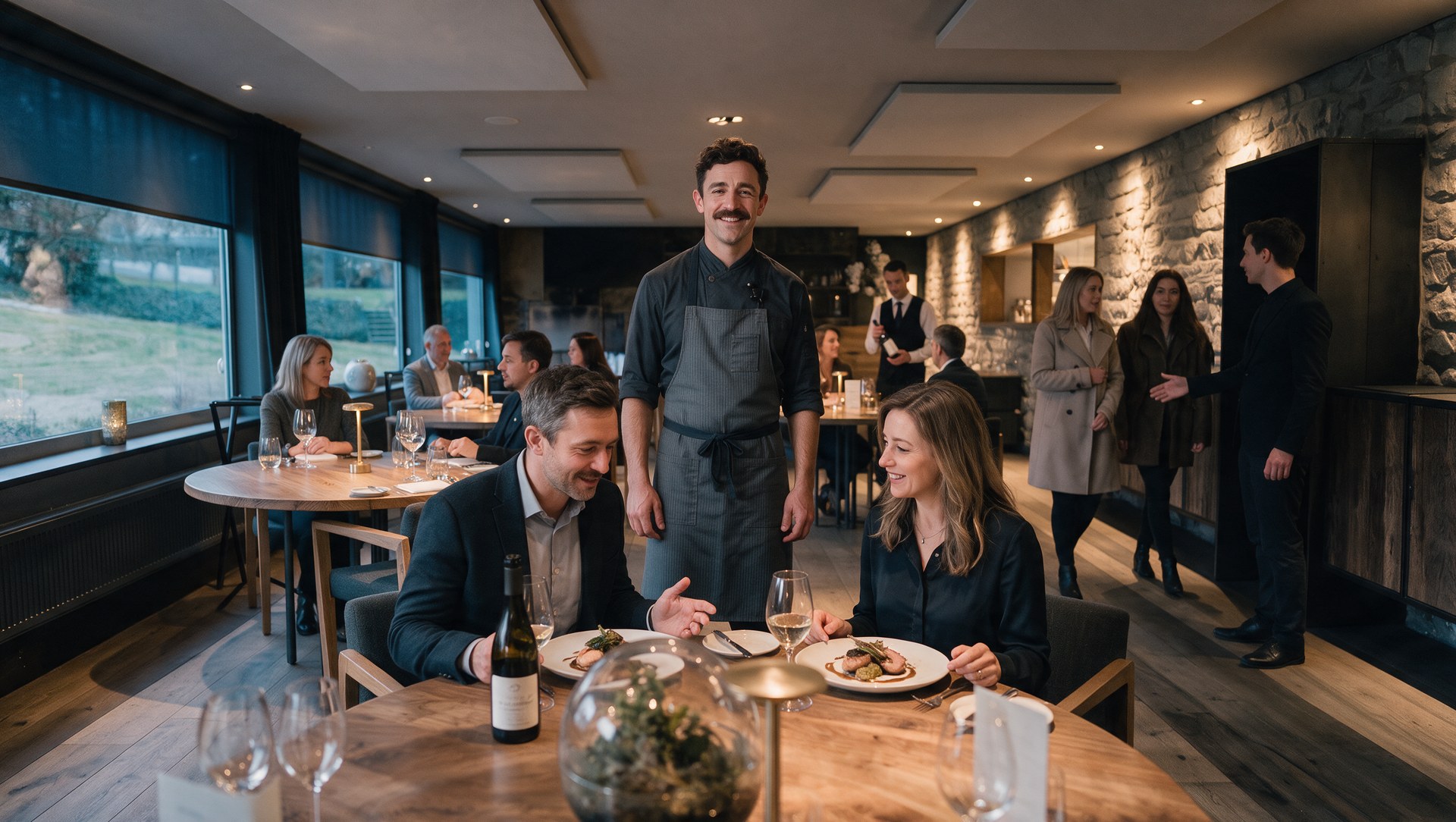 Même plan, même pose de Marc : salle remplie, ambiance soirée, un couple à la table du premier plan, sans spots