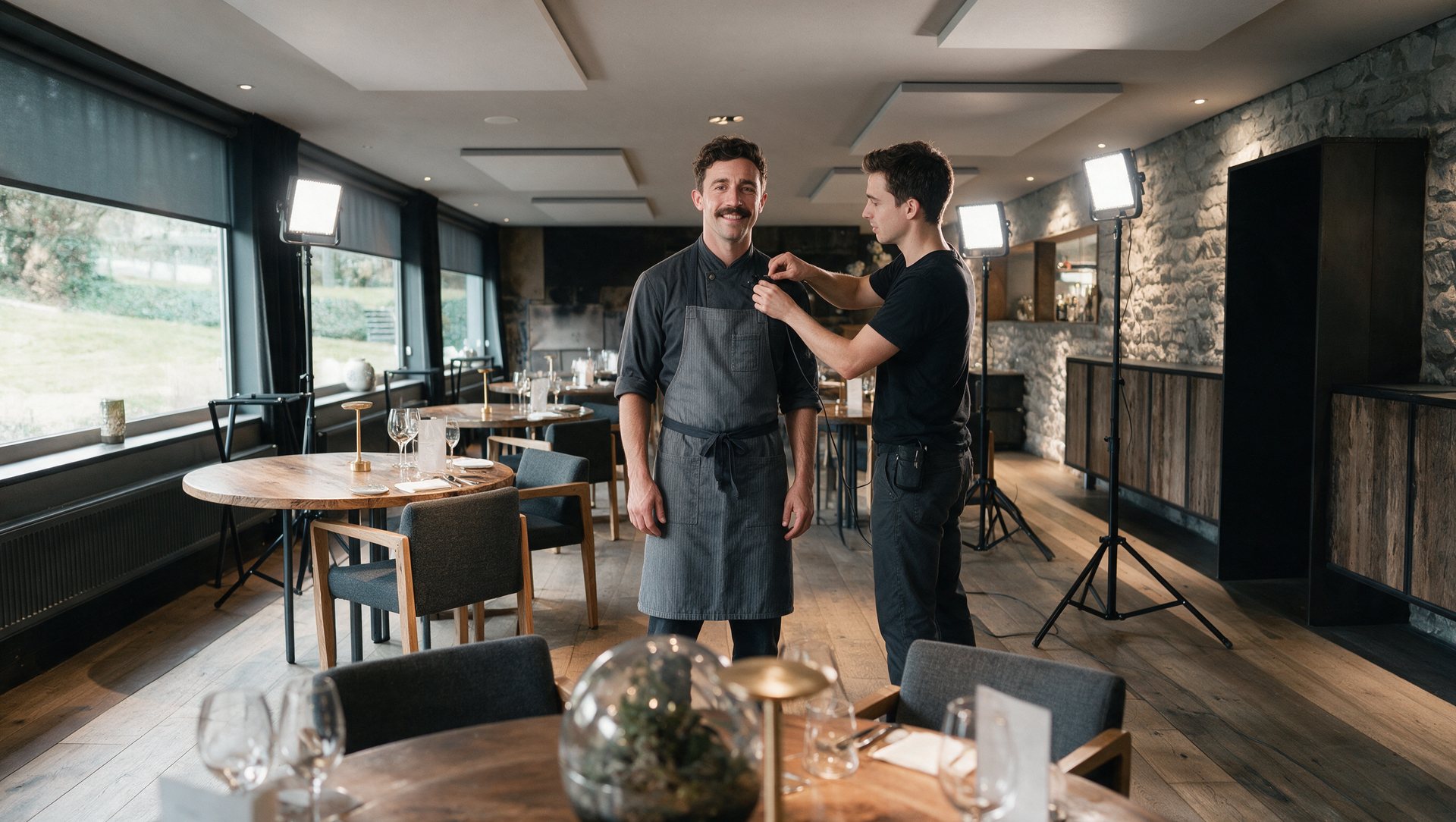 Tourné : salle en lumière du jour, trois spots et un câble dans le champ, un technicien place le micro de Marc, chef cuisinier, devant une table au premier plan