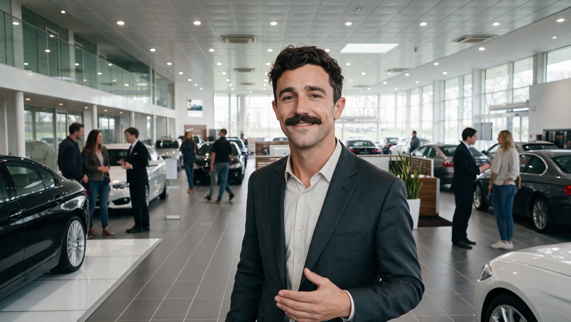 Même concession : le personnage central a le visage de Marc, des clients et des vendeurs animent le décor, sans équipement