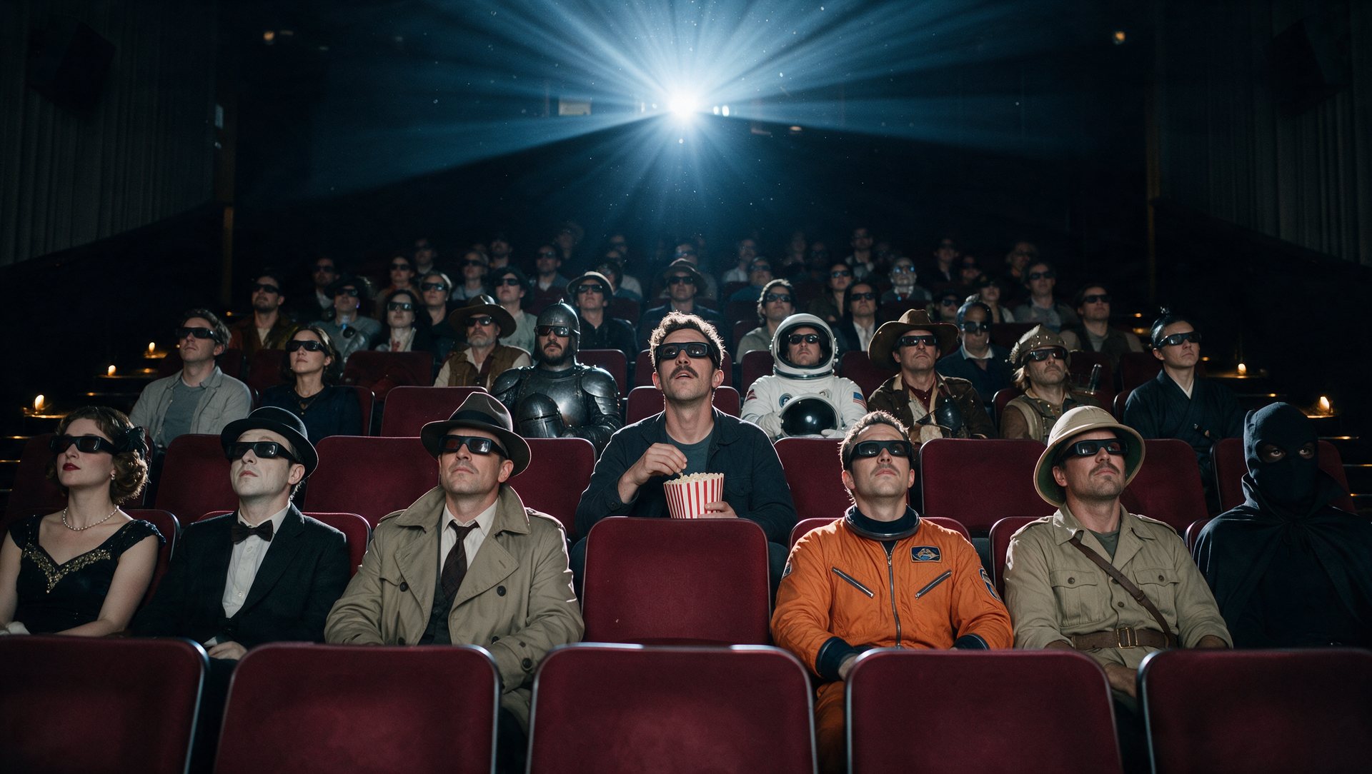 Même plan, même Marc : la salle est pleine de personnages de cinéma assis, lunettes 3D sur le nez
