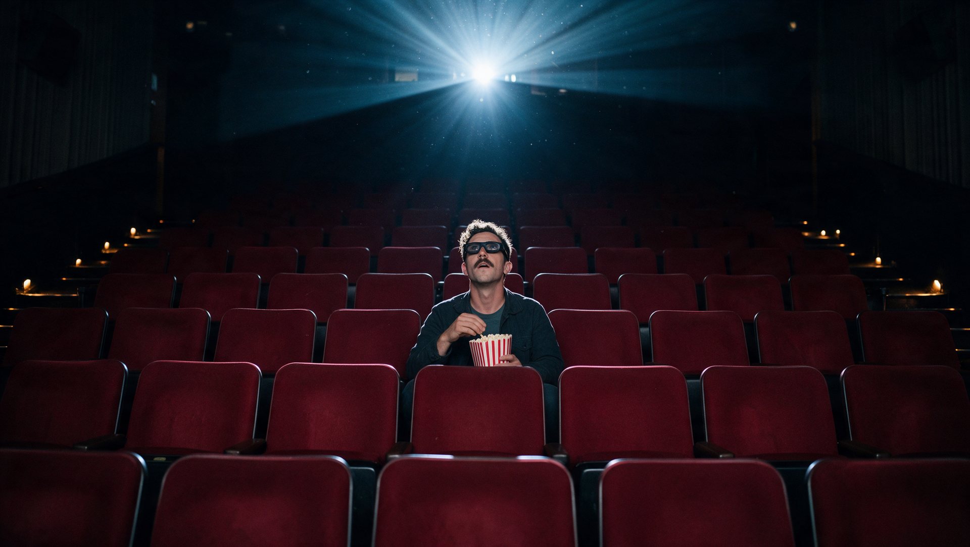Tourné : Marc, seul dans une salle de cinéma vide, lunettes 3D et popcorn, regarde le film sous le faisceau du projecteur